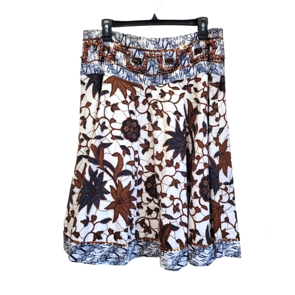 Sz Lrg 100% Cotton Sequin Beaded Floral A Line Midi Side Zippered Skirt - Picture 3 of 7